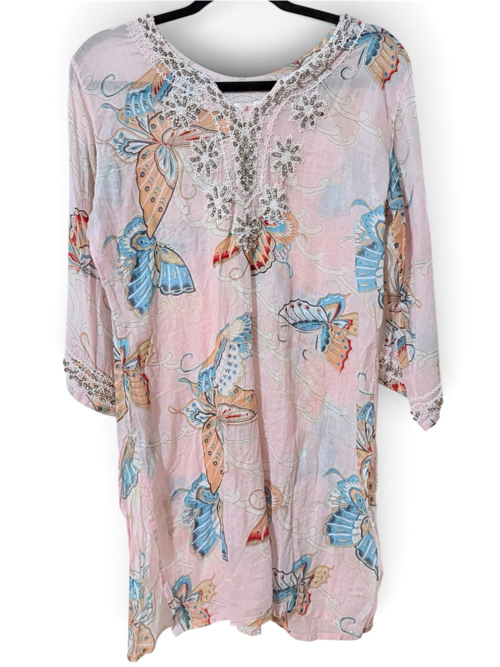 Amaya Bohemian Pink Butterfly Beaded Neckline Tunic Size 42